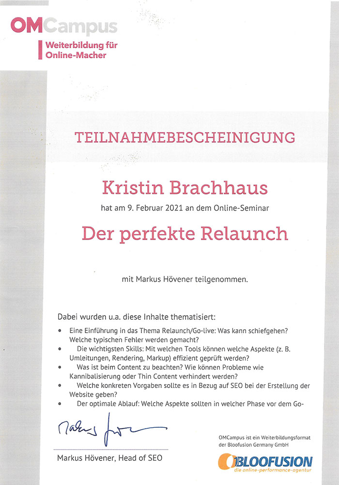 OMCampus Teilnahmebescheinigung Der Perfekte Relaunch - Kristin Brachhaus