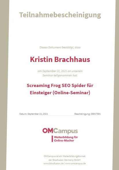 OMCampus Teilnahmebescheinigung Der Screaming Frog SEO Spider Fur Einsteiger - Kristin Brachhaus