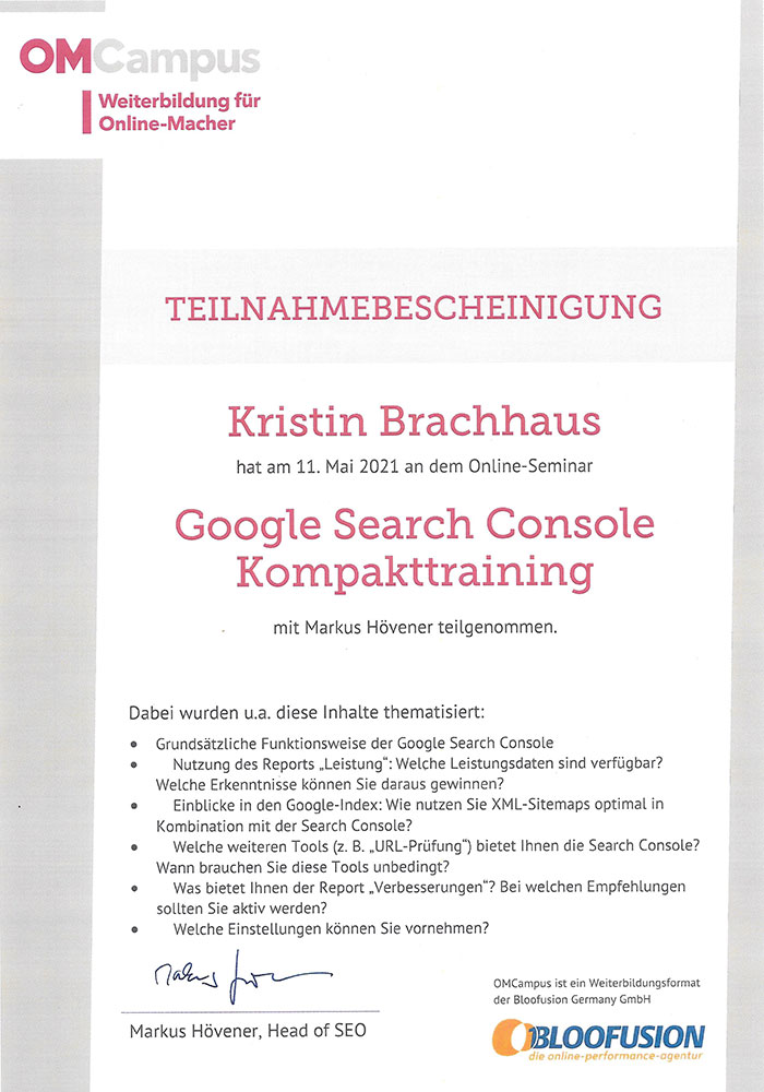 OMCampus Teilnahmebescheinigung Google Search Console Kompakttraining - Kristin Brachhaus