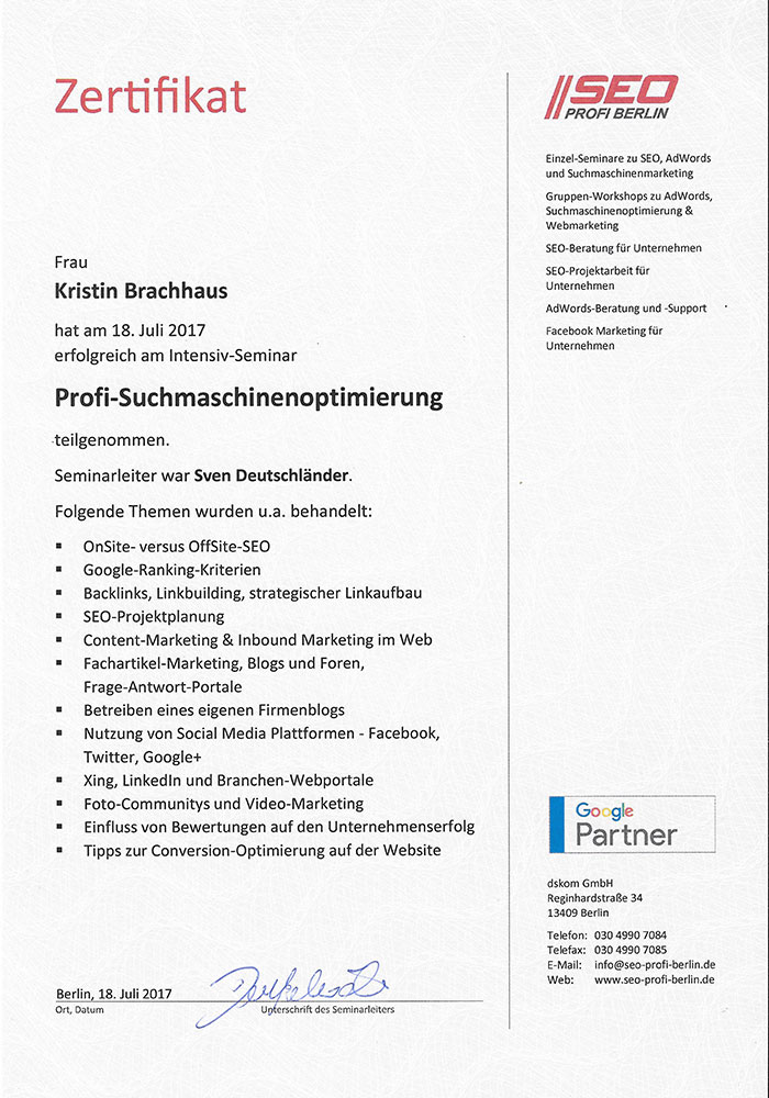 SEO Profi Berlin Profi Suchmaschinenoptimierung - Kristin Brachhaus